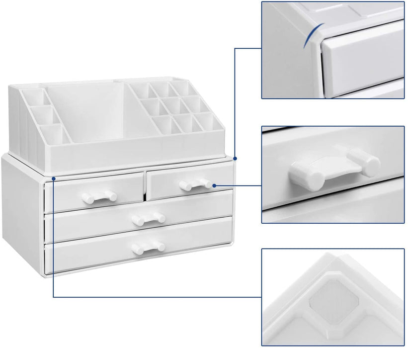 Make-up, Kosmetik-Organizer mit 4 Schubladen und 16 Fächern in unterschiedlichen Größen, rutschfeste Einlagen, für Schminke und Schmuck, weiß