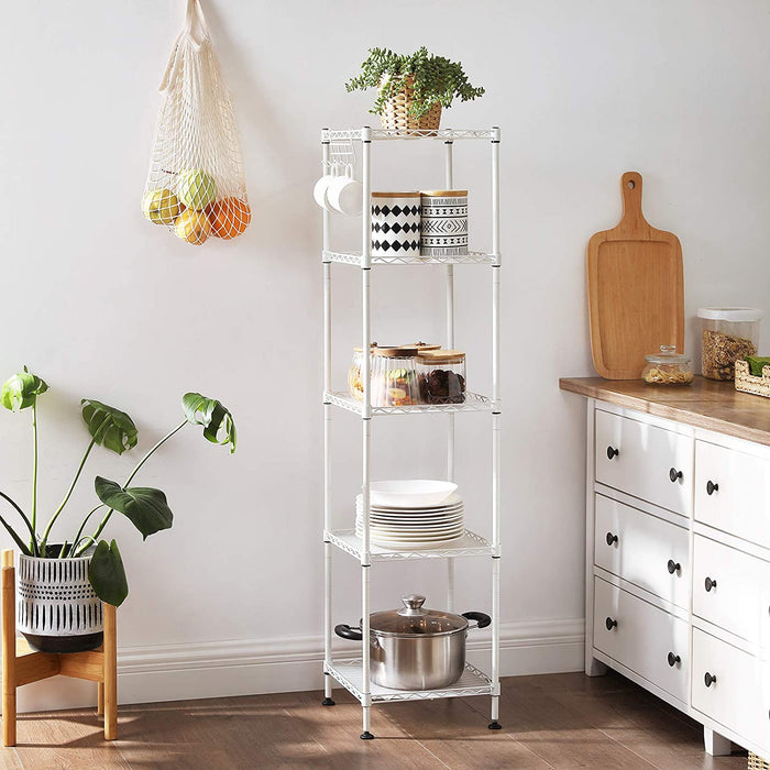 Badezimmerregal, Standregal, Metallregal, bis 100 kg belastbar, mit 5 PP-Platten, abnehmbare Haken, 30 x 30 x 123,5 cm, erweiterbar, für kleine Räume