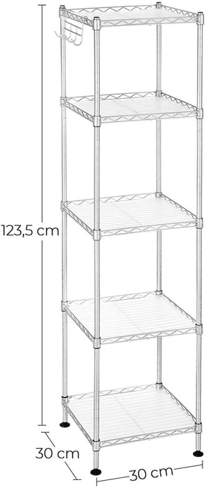 Badezimmerregal, Standregal, Metallregal, bis 100 kg belastbar, mit 5 PP-Platten, abnehmbare Haken, 30 x 30 x 123,5 cm, erweiterbar, für kleine Räume