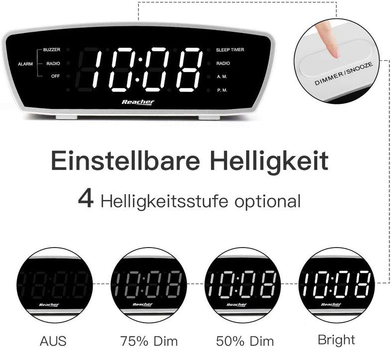 Radiowecker, Reacher Simple Wecker Radio mit USB-Ladebuchse, FM-Radio, Dimmer, 6 Snooze 9-Minuten-Intervalle, einstellbare Wecklautstärke