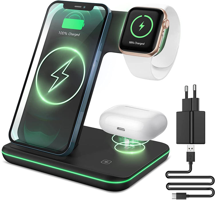 3 in 1 Kabelloses Ladegerät, Wireless Charger Induktive Ladestation mit QC Adapter