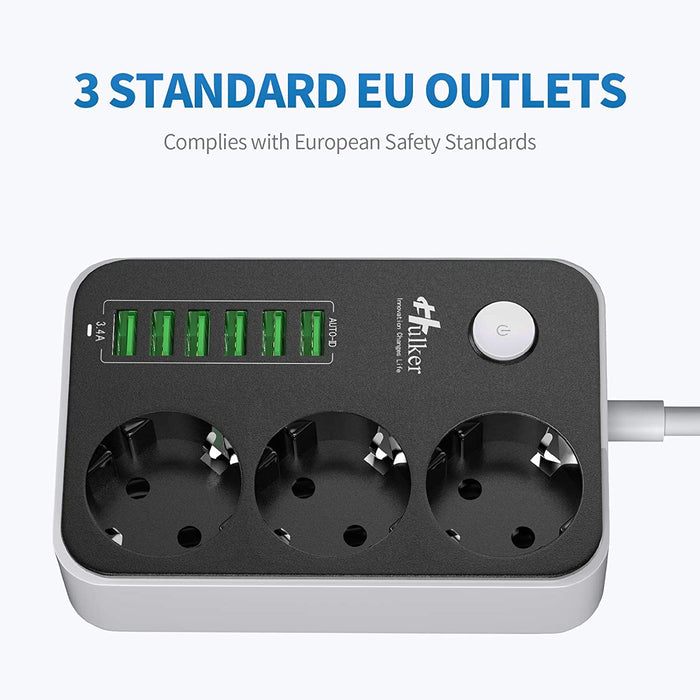 Mehrfachsteckdose HULKER Steckdosenadapter 3 fach/Steckdosen 6 USB -Anschlüsse, Steckdosenleiste mit überspannungsschutz, 1.6 m Verlängerungskabel EU