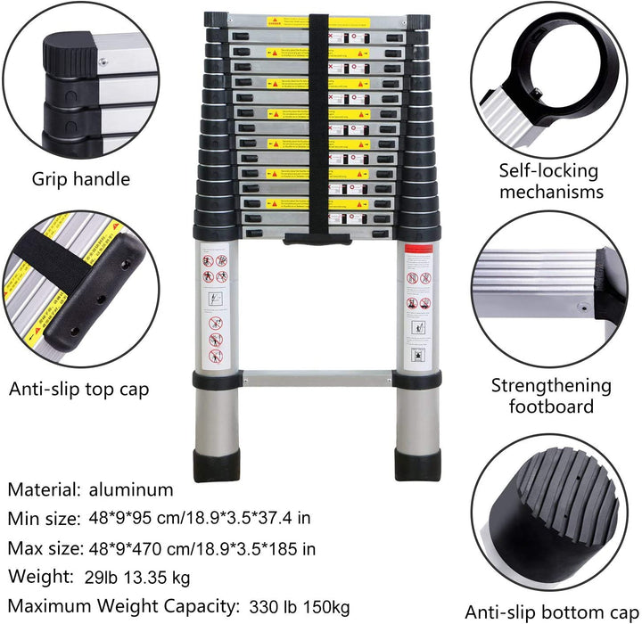 4,7M Teleskopleiter, Rutschfester Klappleiter Stehleiter Mehrzweckleiter aus hochwertiges Aluminium, 150 kg/330 Pfund Belastbarkeit, Schwarz