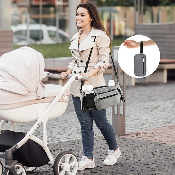 Kinderwagen Organizer Universal mit Isolierten Getränkehalter/Becherhalter, Momcozy Buggy Kinderwagentasche Baby Zubehör mit Reißverschlusstasche
