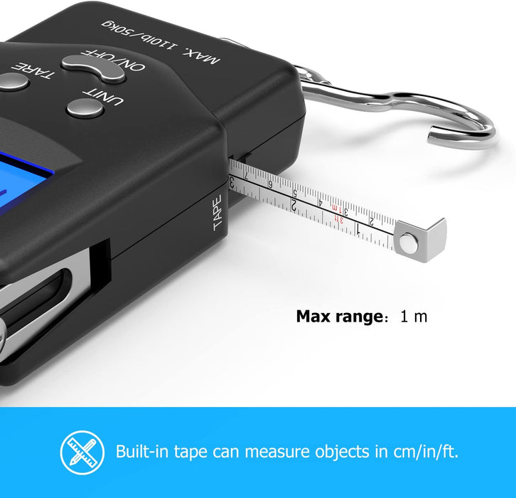 Digitale Kofferwaage,110 lb/50 kg Elektronische Digital Fischwaagen Handwaage mit Maßband, 2 AAA Batterien enthalten, Beleuchtetes Display (PS01)