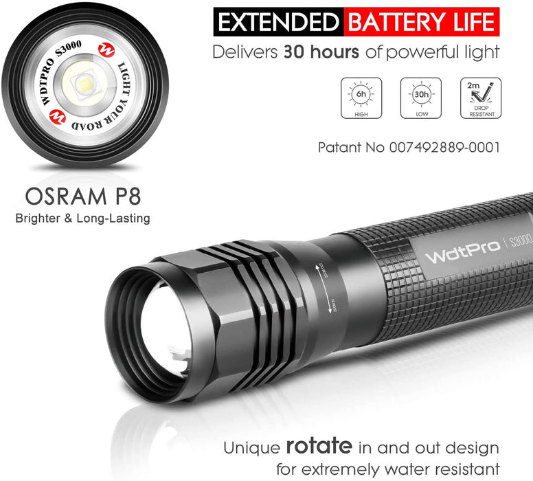 Extrem Hell LED Taschenlampe S3000, 3000 Lumen Taschenlampe mit 3 Modi und Lange Arbeitzeit, IP67 Wasserdicht Zoombar für Outdoor, Wandern, Camping