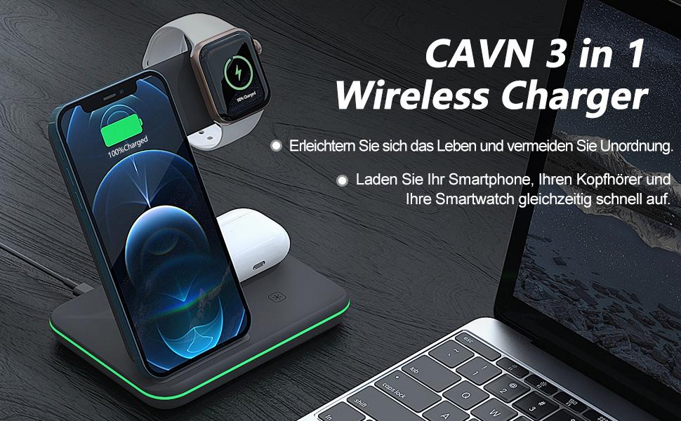 3 in 1 Kabelloses Ladegerät, Wireless Charger Induktive Ladestation mit QC Adapter