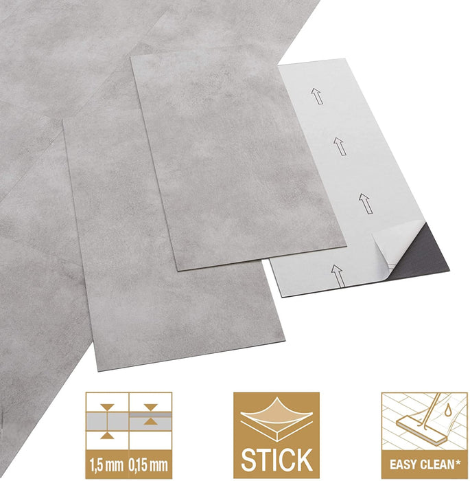 PVC Bodenbelag Shy Industry - Selbstklebende Fliesen - Betoneffekt - Hellgrau - Medio - Dicke 1,5 mm - 2.23m² / 12 Fliesen
