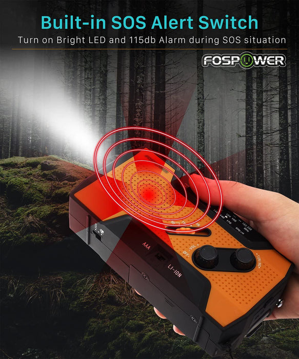 Tragbares Radio 2000mAh (Modell- A1) Solar/Handkurbel/Batteriebetrieben Notfall Kurbelradio Externer Akku mit USB-Ladeanschluss, SOS und LED Taschenlampe für Wandern,  Notfallradio