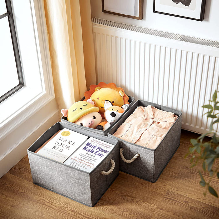 Aufbewahrungsboxen, 3er Set, Stoffboxen ohne Deckel, mit Griffen, 40 x 30 x 25 cm, Leinenoptik, grau