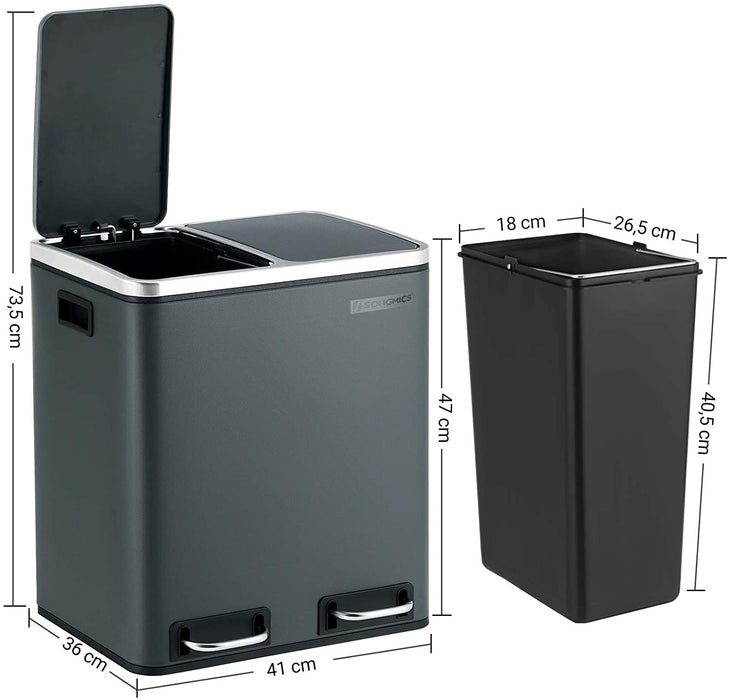 Mülleimer für die Küche, 30 L, Mülltrennung, Abfalleimer aus Metall, Treteimer mit Inneneimern und Griffen, Mülltrennsystem, 2 x 15 Liter, Softclose