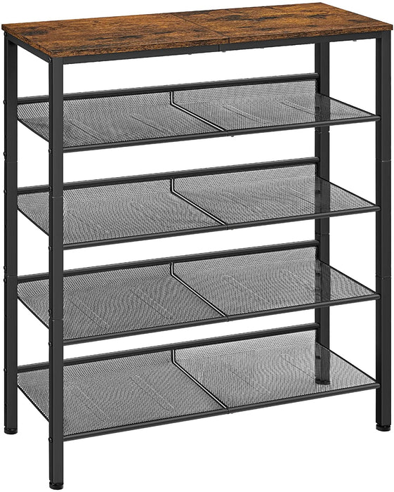 Schuhregal, Schuhablage mit 5 Ebenen und großzügiger Oberfläche für Taschen, für den Eingangsbereich, Flur, Metall, Industrie-Design, vintagebraun