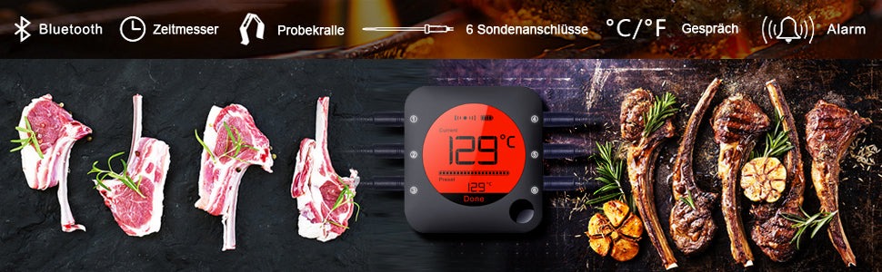 Bluetooth Grillthermometer, Digital Funk BBQ Thermometer mit 2 Sonden Fleischthermometer Bratenthermometer für Küche, Ofen, Fleisch und Flüssigkeit