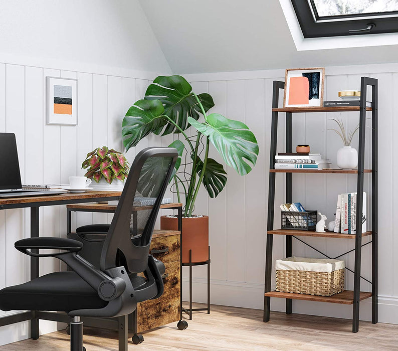 Standregal, Bücherregal, 4 Ebenen Leiterregal, stabiles Metallgestell, einfache Montage, für Wohnzimmer, Schlafzimmer, Küche, haselnussbraun-schwarz