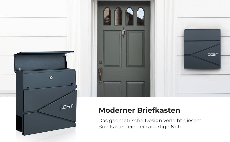 Briefkasten, abschließbarer Wandbriefkasten, mit Zeitungsfach, einfache Montage, modern, anthrazit