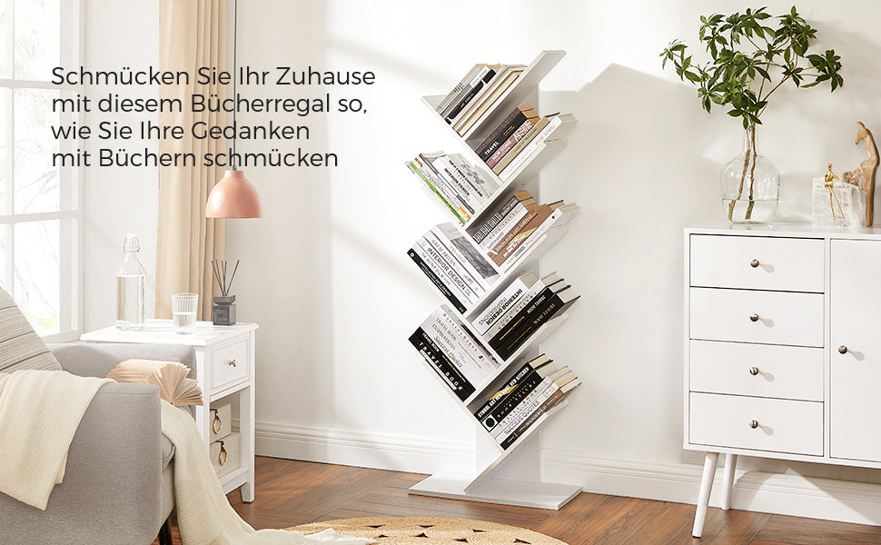 Bücherregal, Standregal, mit 8 Ebenen, DVD-Regal, in Baumform, für Wohnzimmer, Arbeitszimmer, Kinderzimmer, Büro, weiß