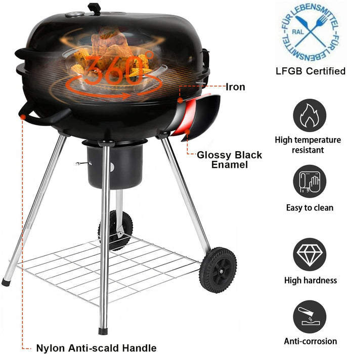 Holzkohlegrill, Durchmesser 56 cm, Grillwagen mit 2 Rosten, 2 Räder, BBQ Kugelgrill für Camping, Gartenparty und Familienferien (Schwarz)