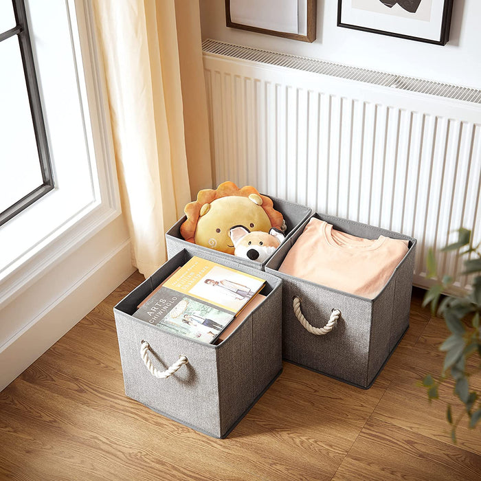 Aufbewahrungsboxen, 3er Set, Stoffboxen ohne Deckel, mit Griffen, 30 x 30 x 30 cm, Leinenoptik, grau