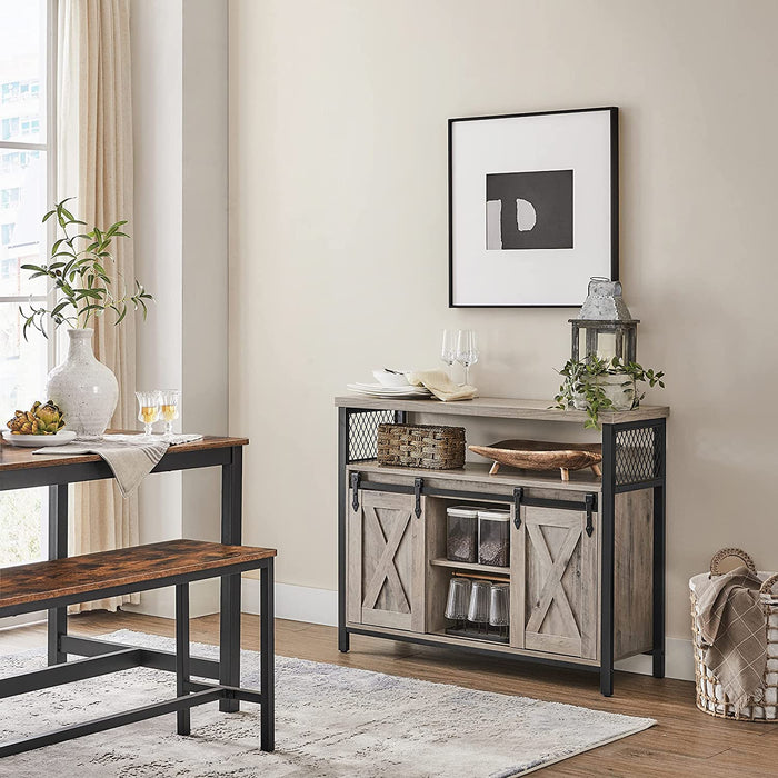 Sideboard, Küchenschrank, Aufbewahrungsschrank, mit 2 Schiebetüren, verstellbare Ablage, industriell, für Wohnzimmer, Greige-schwarz