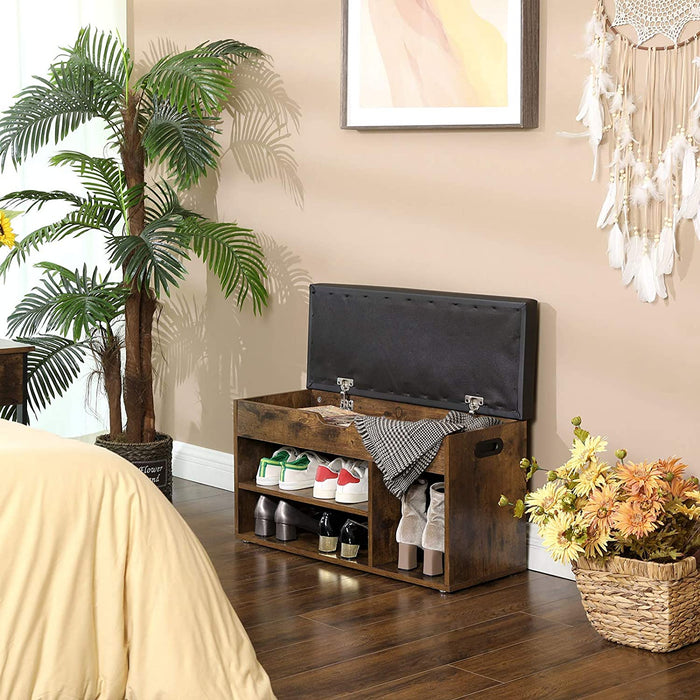 Schuhbank, Sitzbank, gepolstert, 3 offene Fächer, Stauraum unter der Sitzfläche, Schuhaufbewahrung, Flur, Wohnzimmer, Schlafzimmer, bis 150 kg