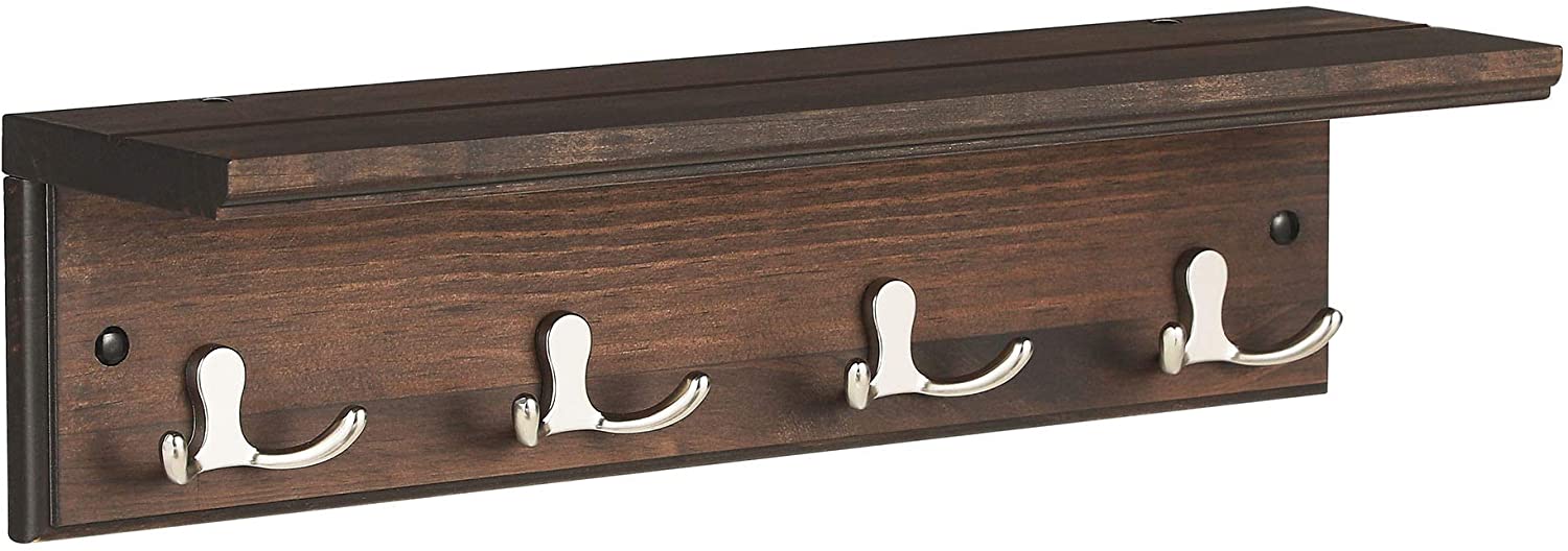 Wandgarderobe, Flurgarderobe, mit 4 Doppelhaken, mit Ablage, Garderobenhaken, für Badezimmer, Wohnzimmer, Küche, vintagebraun