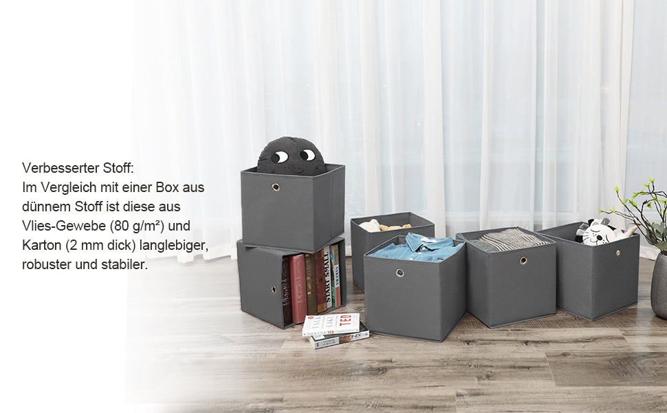 Aufbewahrungsboxen, 6er Set, Stoffboxen, Faltboxen aus Vliesstoff, Würfel, Aufbewahrungskörbe, für Spielzeug und Kleidung, grau
