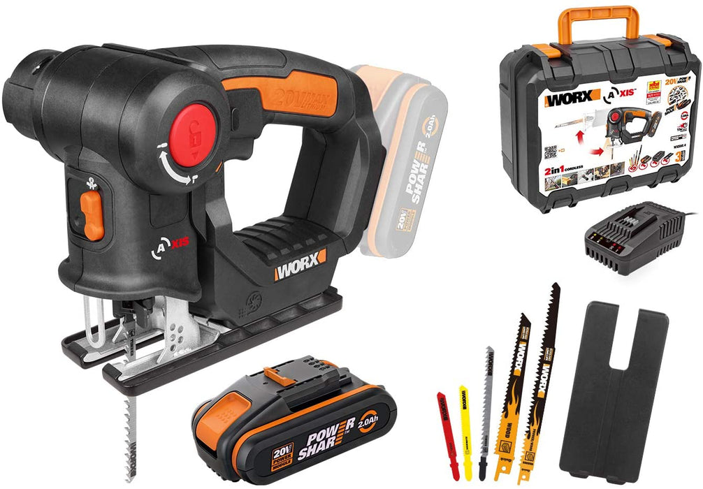 18V(20V MAX) Akku Stichsäge Axis WX550.4, 2,0Ah, PowerShare, 2-in-1, Säbel- und Stichsäge,Schnelle Umstellfunktion mit Staubbläser & Pendelhub