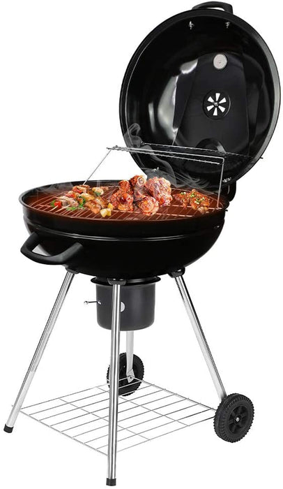 Holzkohlegrill, Durchmesser 56 cm, Grillwagen mit 2 Rosten, 2 Räder, BBQ Kugelgrill für Camping, Gartenparty und Familienferien (Schwarz)