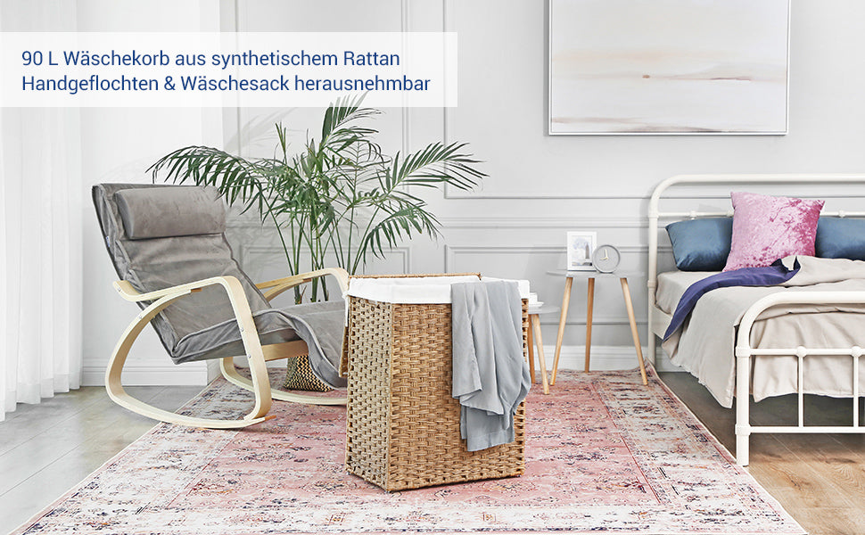 Wäschekorb handgeflochten, 90 L, Wäschesammler aus synthetischem Rattan, mit Deckel und Griffen, faltbar, Wäschesack herausnehmbar, naturfarben