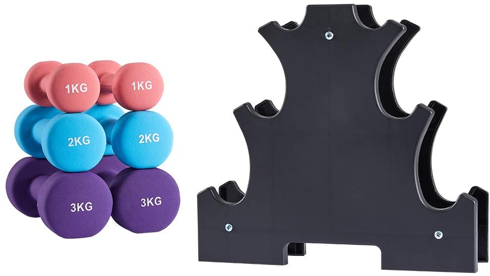Hantel Set Neopren Hanteln Gewichte Kurzhanteln Fitness Hanteln Set Frauen Hantelset Kurzhantel 6er Set mit ständer, 2x1 kg, 2x2 kg, 2x3 kg