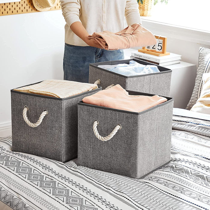 Aufbewahrungsboxen, 3er Set, Stoffboxen ohne Deckel, mit Griffen, 30 x 30 x 30 cm, Leinenoptik, grau