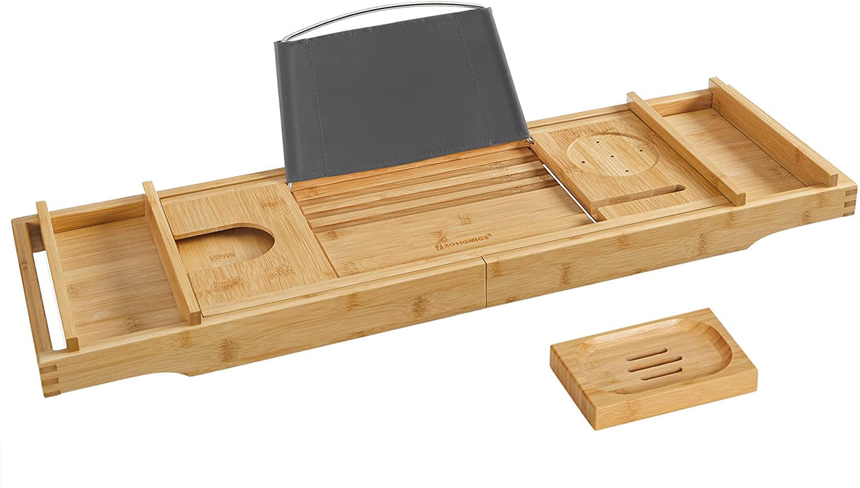 ausziehbare Badewannenablage aus Bambus verstellbares Badewannenbrett Badewannen Ablagen, mit Getränkehalter, Buchstütze, Seifenhalter