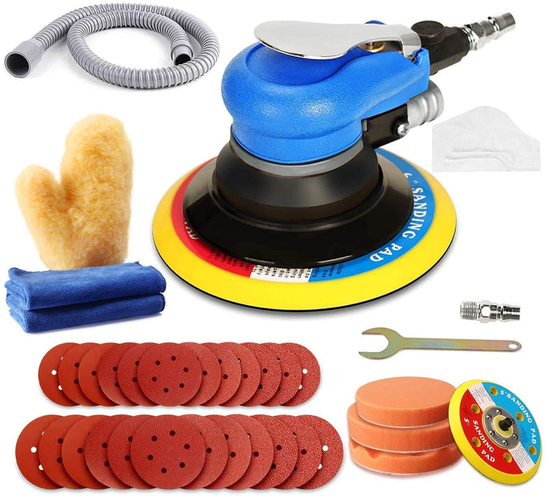 Druckluft schleifgerät, Exzenter poliermaschine, SPTA 125mm/150mm Exzenterschleifer Schleifmaschine mit 24 Schleifpapier und 3 Polierschwamm