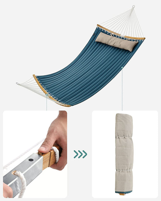 Hängematte für 2 Personen, gepolstert, gesteppt, mit teilbaren gebogenen Bambusstangen, mit Kissen, Oxford-Gewebe, 200 x 140 cm