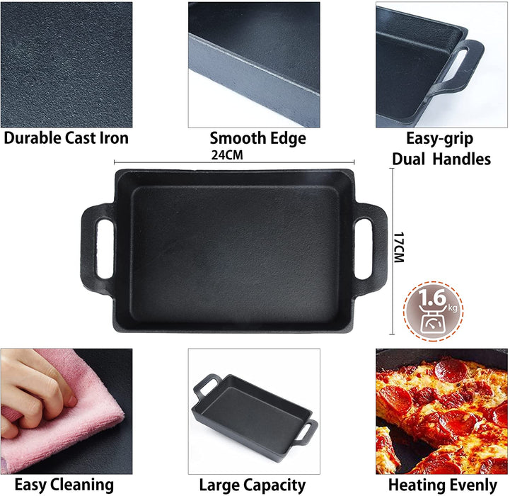 Grillpfanne Gusseisen Bratpfanne,Gleichmäßige Erwärmung Gusseisenpfanne mit Zwei Henkeln, Rechteck Gusspfanne Backform, multifunktionales Feuerpfanne
