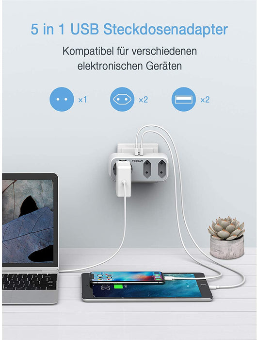 Doppelstecker für Steckdose, TESSAN 5 in 1 Steckdosenadapter mit 2 USB Anschluss, Mehrfachsteckdose 3 Fach Mehrfachstecker mit USB Ladegerät