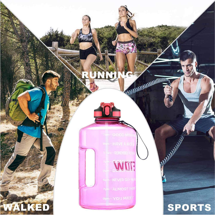 3,78 Liter Trinkflasche Sport mit Zeitangaben und Strohhalme, 3,78L Groß Sportflasche BPA Frei, Auto Wasserbehälter Auslaufsicher Sportflasche (Pink 3,78L)
