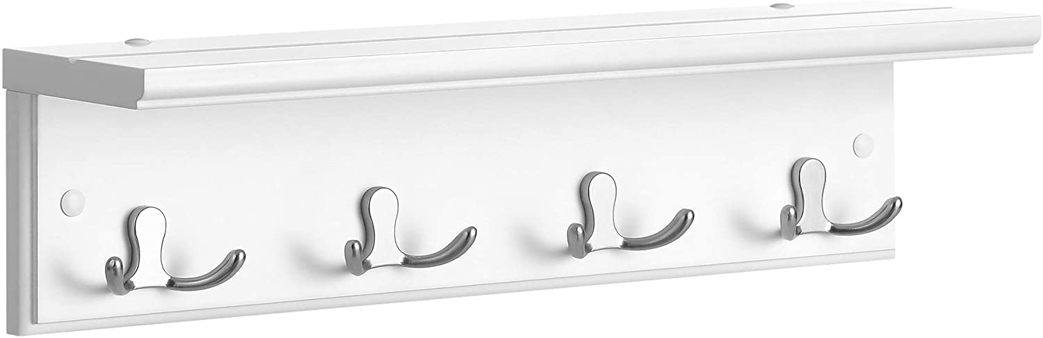 Wandgarderobe, Flurgarderobe, mit 4 Doppelhaken, mit Ablage, Garderobenhaken, für Badezimmer, Wohnzimmer, Küche, weiß