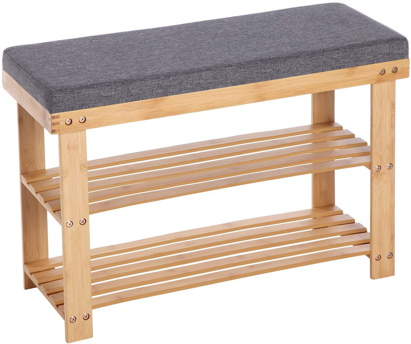Schuhbank aus Bambus, Schuhregal mit 2 Regalebenen, Sitzbank, für Flur, Wohnzimmer, Sitzfläche bis 150 kg belastbar, 71 x 29 x 49 cm, naturfarben-grau