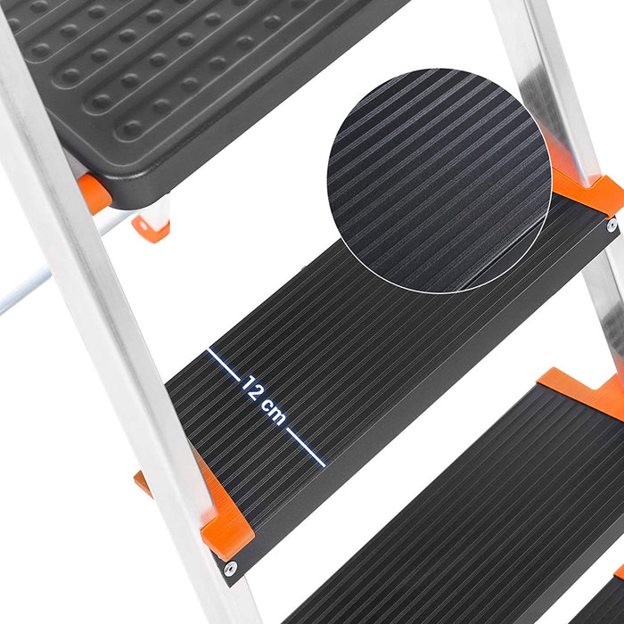 Leiter 3 Stufen, Trittleiter, 12 cm breite Stufen mit Riffelung, Anti-Rutsch-Füße, mit Handlauf, Werkzeugschale, bis 150 kg belastbar