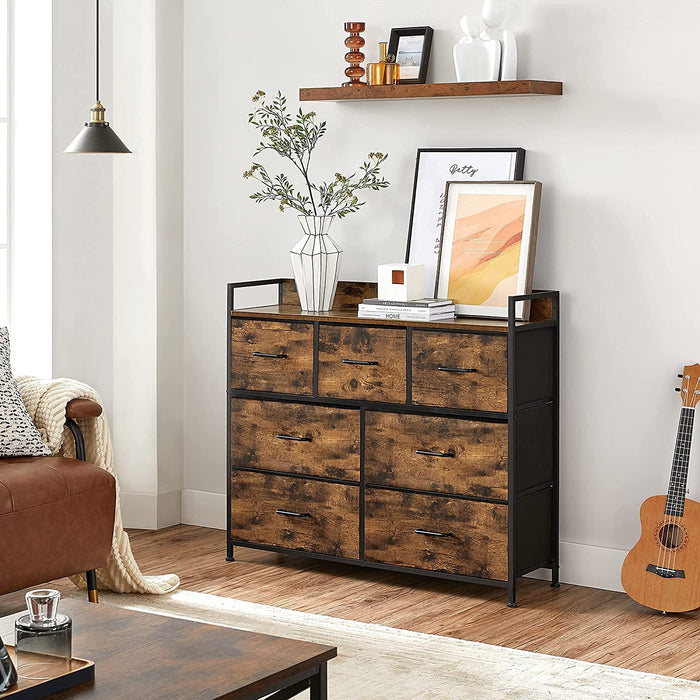 Kommode, Schrank, 7 Stoffschubladen mit Griffen, Metallgestell, Industrie-Design, vintagebraun-schwarz
