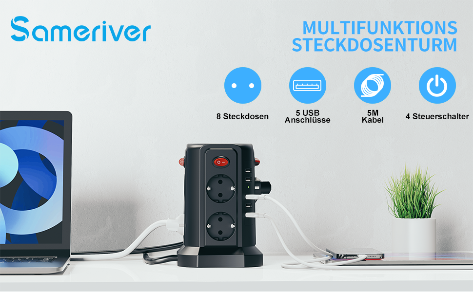 8 Fach Steckdosenleiste mit 3M Kabel, Mehrfachsteckdose mit 5 USB 12W, Steckdosenturm mit 4 Schalter, Steckdosenleiste überspannungsschutz