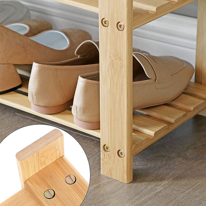 Schuhbank aus Bambus, Schuhregal mit 2 Regalebenen, Sitzbank, für Flur, Wohnzimmer, Sitzfläche bis 150 kg belastbar, 71 x 29 x 49 cm, naturfarben-grau