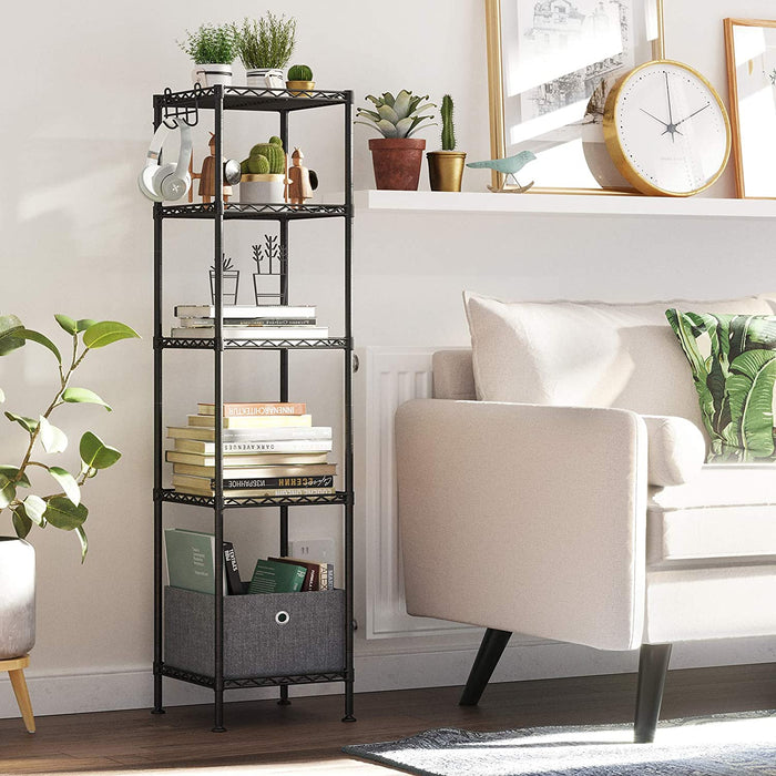 Badezimmerregal, Standregal, Metallregal, bis 100 kg belastbar, mit 5 PP-Platten, abnehmbare Haken, 30 x 30 x 123,5 cm, erweiterbar, für kleine Räume