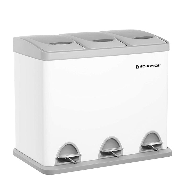 Mülleimer für die Küche, Treteimer aus Metall, 3-in-1 Abfalleimer, 24 Liter, Mülltrennung, Mülltrennsystem, einfach zu reinigen, Stahl, weiß-grau