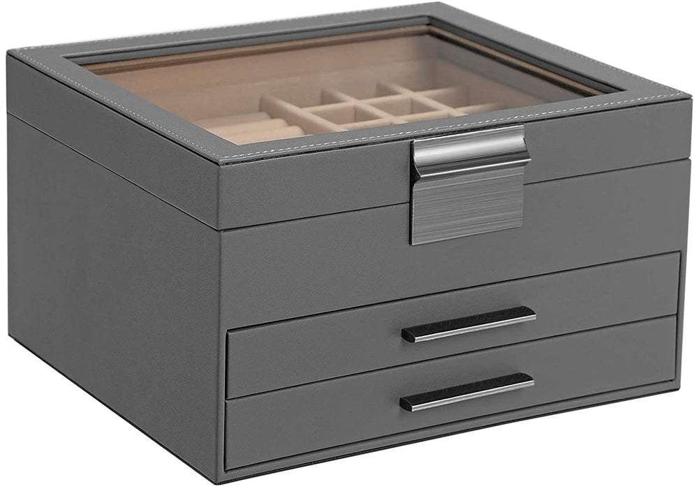 Schmuckkästchen mit Glasdeckel, Schmuckkasten mit 3 Ebenen, Schmuckbox mit 2 Schubladen, Schmuckaufbewahrung, Geschenk für Ihre Liebsten, grau