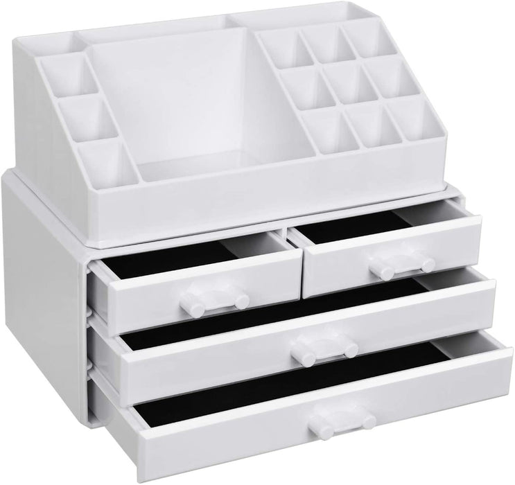 Make-up, Kosmetik-Organizer mit 4 Schubladen und 16 Fächern in unterschiedlichen Größen, rutschfeste Einlagen, für Schminke und Schmuck, weiß