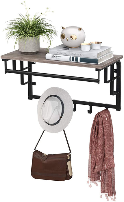 Wandgarderobe mit Ablage, Wandregal mit 5 abnehmbaren Haken, wandmontiertes Hängeregal mit Hängestange, für Flur, Schlafzimmer, Badezimmer