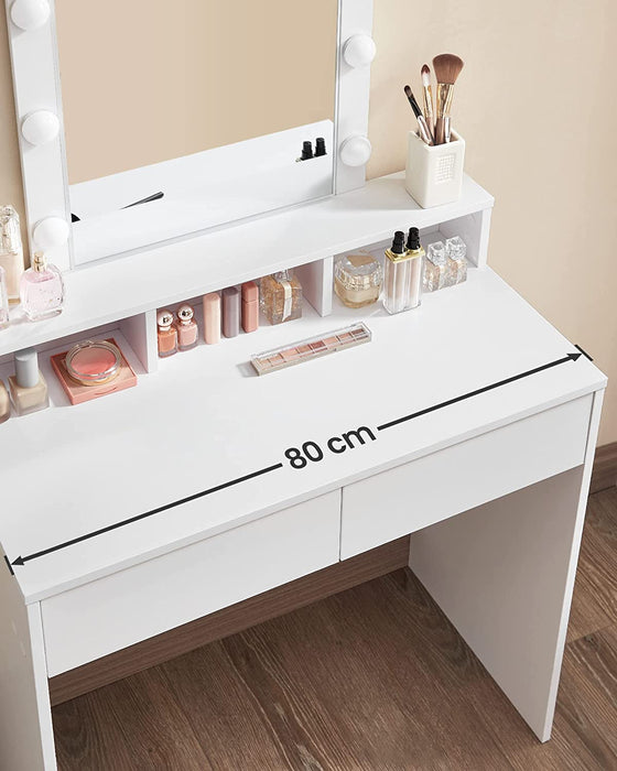 Schminktisch mit LED Beleuchtung, Frisiertisch mit Spiegel, Kosmetiktisch mit 2 Schubladen und 3 offenen Fächern, Frisierkommode, für Make-up, modern