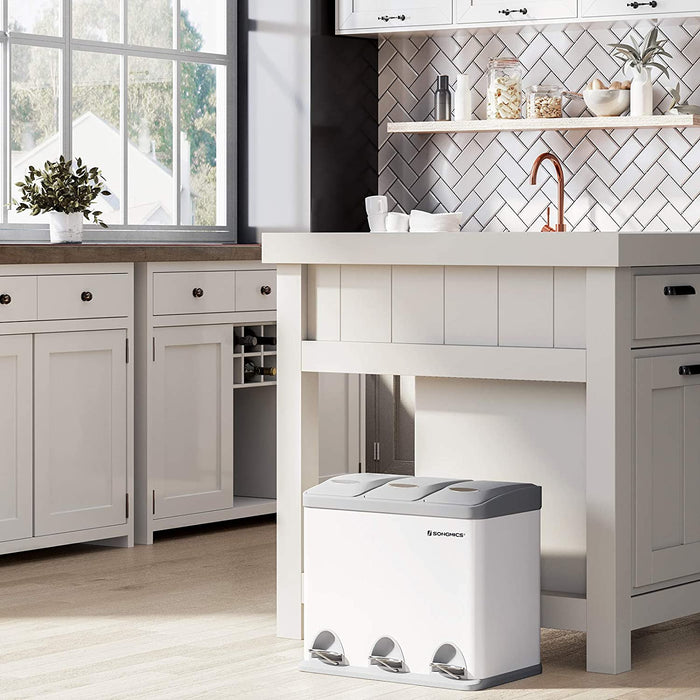 Mülleimer für die Küche, Treteimer aus Metall, 3-in-1 Abfalleimer, 24 Liter, Mülltrennung, Mülltrennsystem, einfach zu reinigen, Stahl, weiß-grau